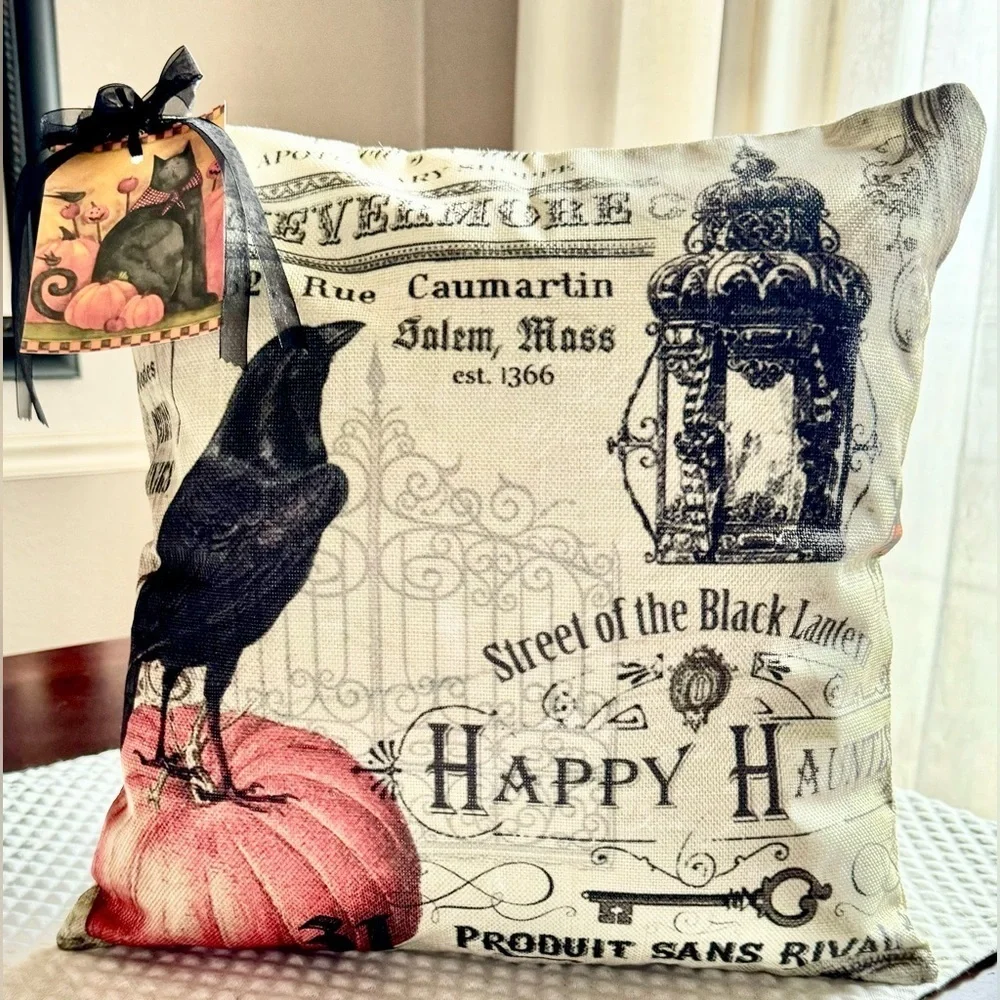 New Rustic Halloween Crow Raven Pumpkin Lantern Decorative Toss Pillow 17” x 17”